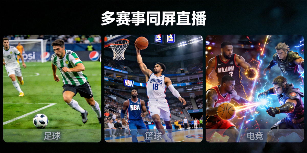 高清体育直播平台多赛事同屏展示效果图，包含足球、篮球、电竞等热门项目